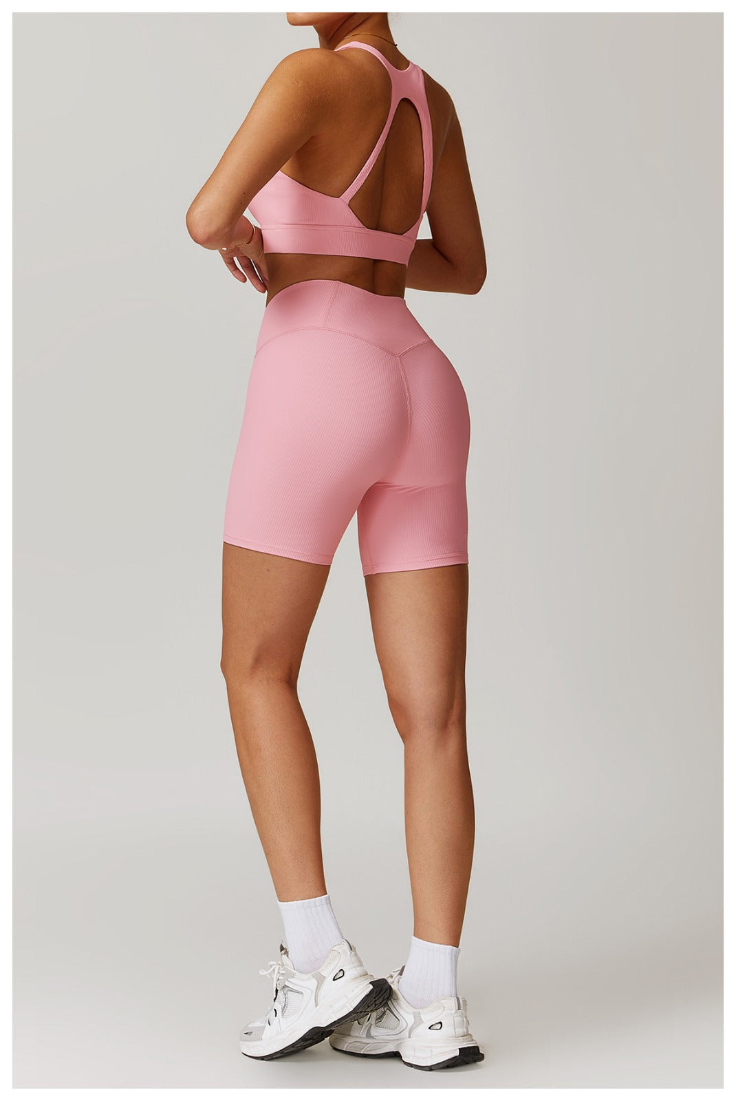 Pink Ribbed High-Waisted Yoga Leggings – Full Length | 4-Way Stretch