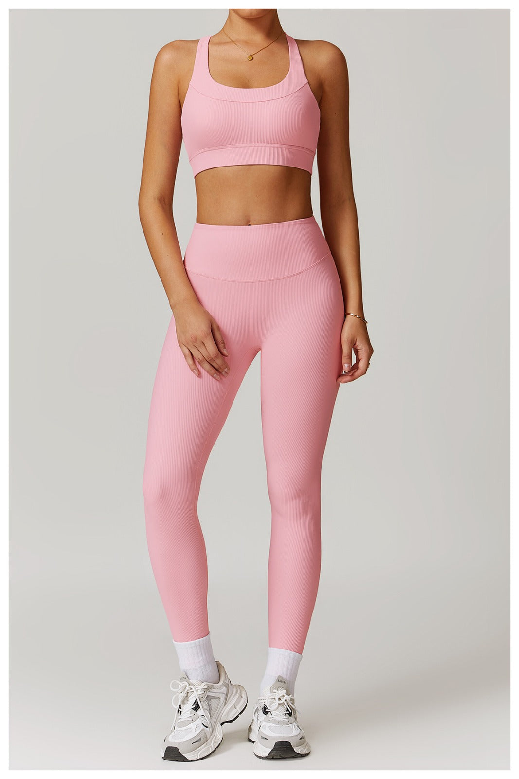 Pink Ribbed High-Waisted Yoga Leggings – Full Length | 4-Way Stretch