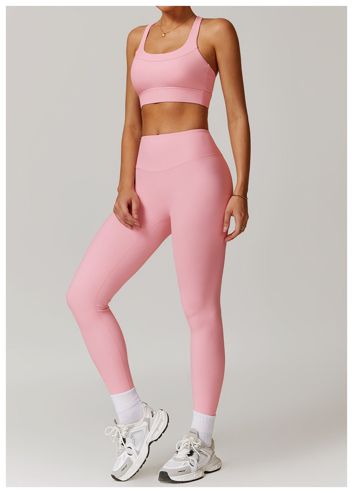 Pink Ribbed High-Waisted Yoga Leggings – Full Length | 4-Way Stretch