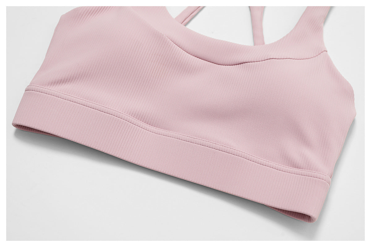 Pink Ribbed Yoga Bra Top – Supportive Crop with Removable Padding