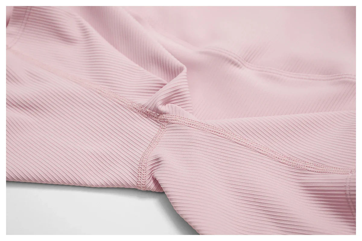 Pink Ribbed High-Waisted Yoga Leggings – Full Length | 4-Way Stretch