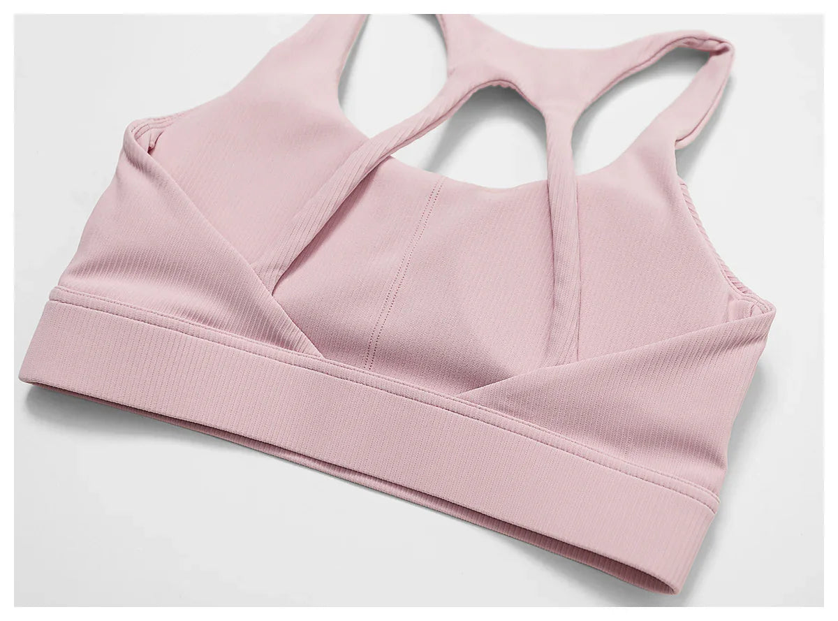 Pink Ribbed Yoga Bra Top – Supportive Crop with Removable Padding