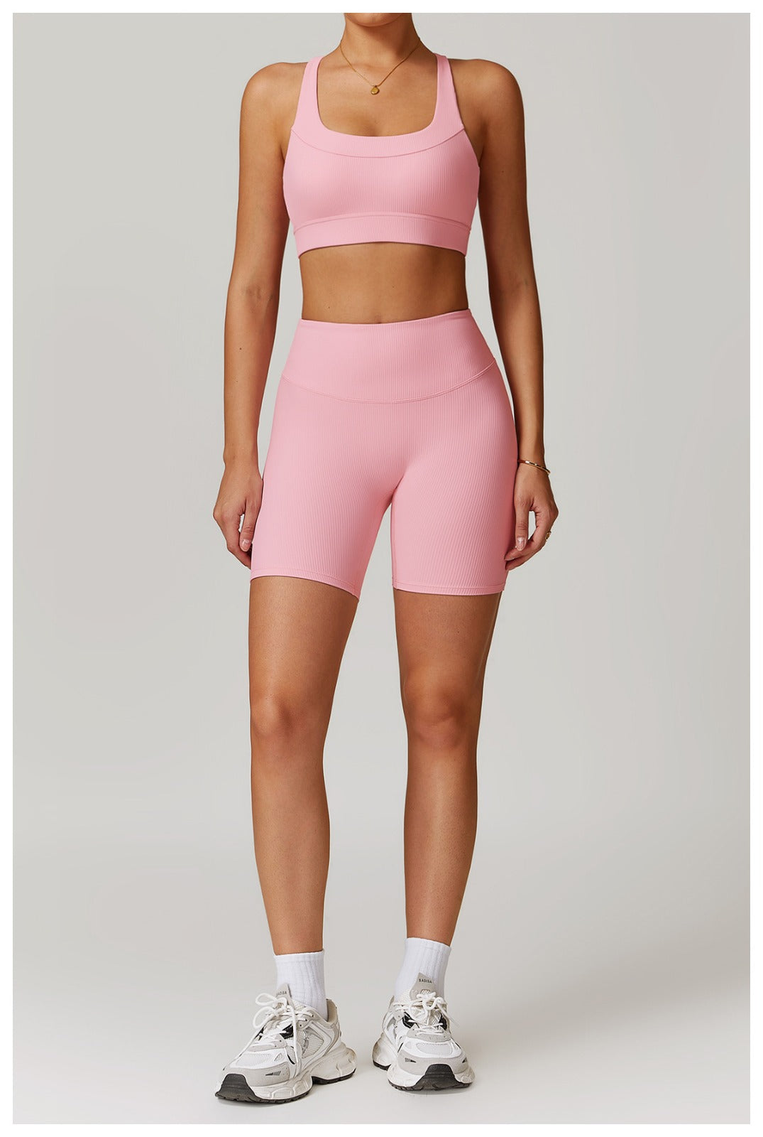 Pink Ribbed High-Waisted Yoga Leggings – Full Length | 4-Way Stretch