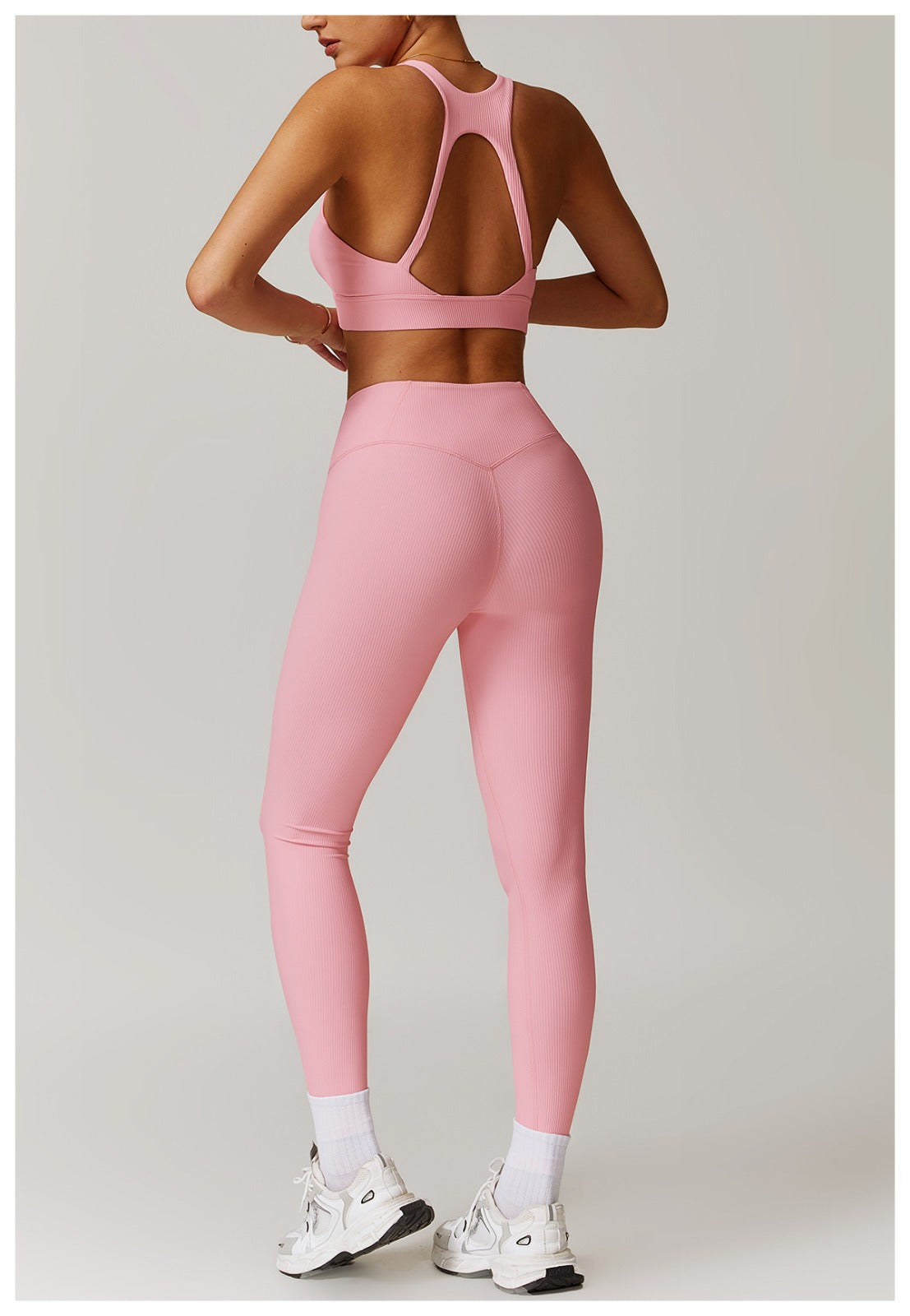 Pink Ribbed High-Waisted Yoga Leggings – Full Length | 4-Way Stretch
